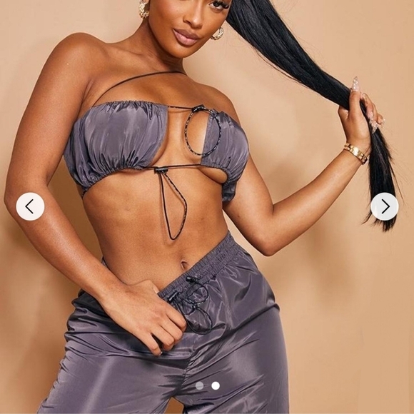 PrettyLittleThing Women Gray Shell Bralet Sweatpants Set Size 8 Babydoll Utility - Picture 2 of 13